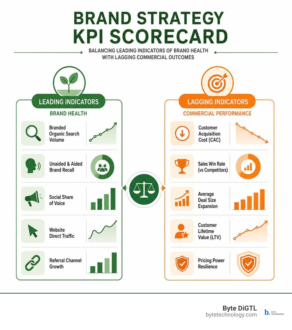 Brand strategy KPI scorecard combining leading and lagging metrics infographic Brand strategy KPI scorecard combining leading and lagging metrics infographic