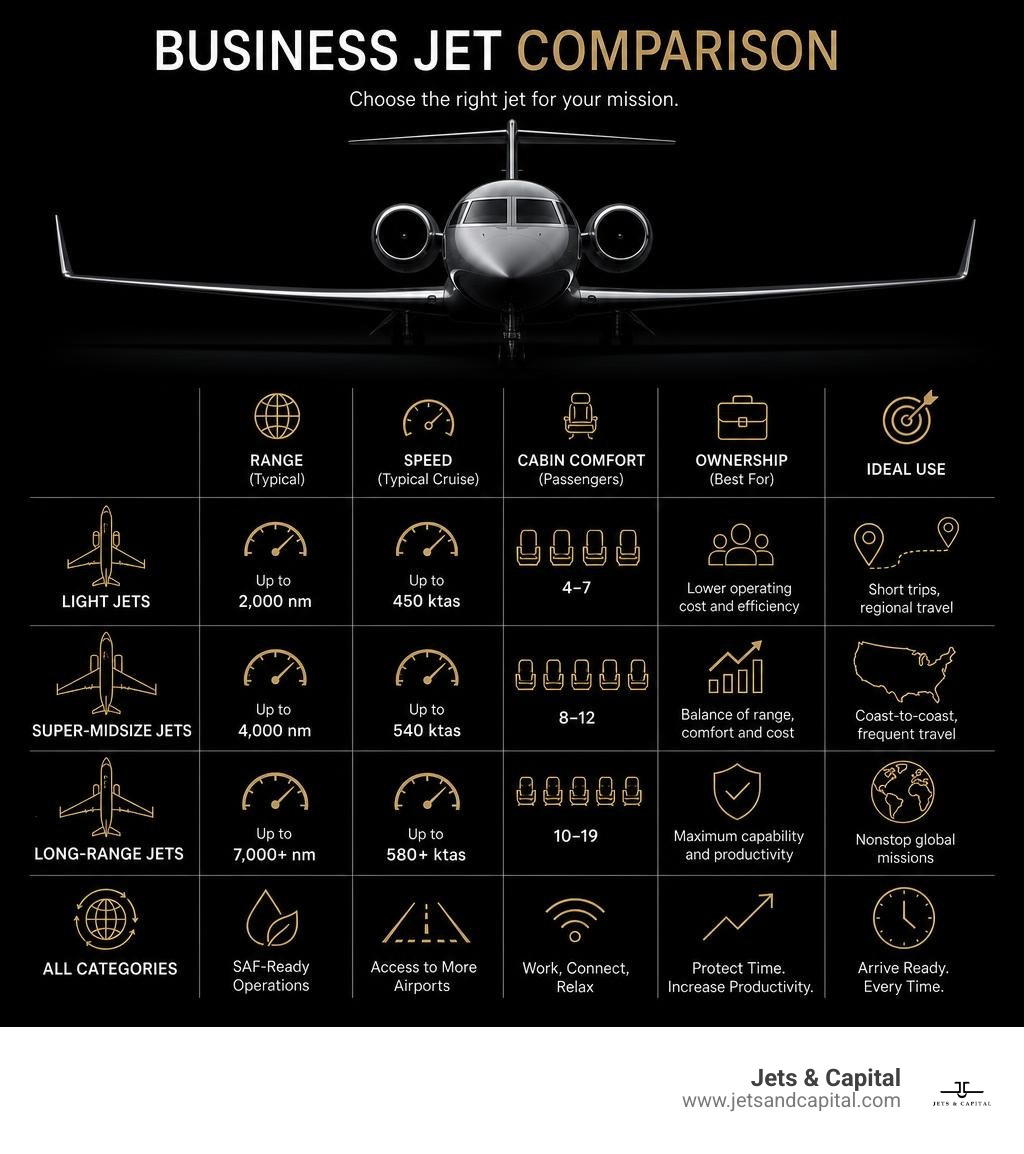 Business jet comparison by range speed cabin comfort and ownership use infographic