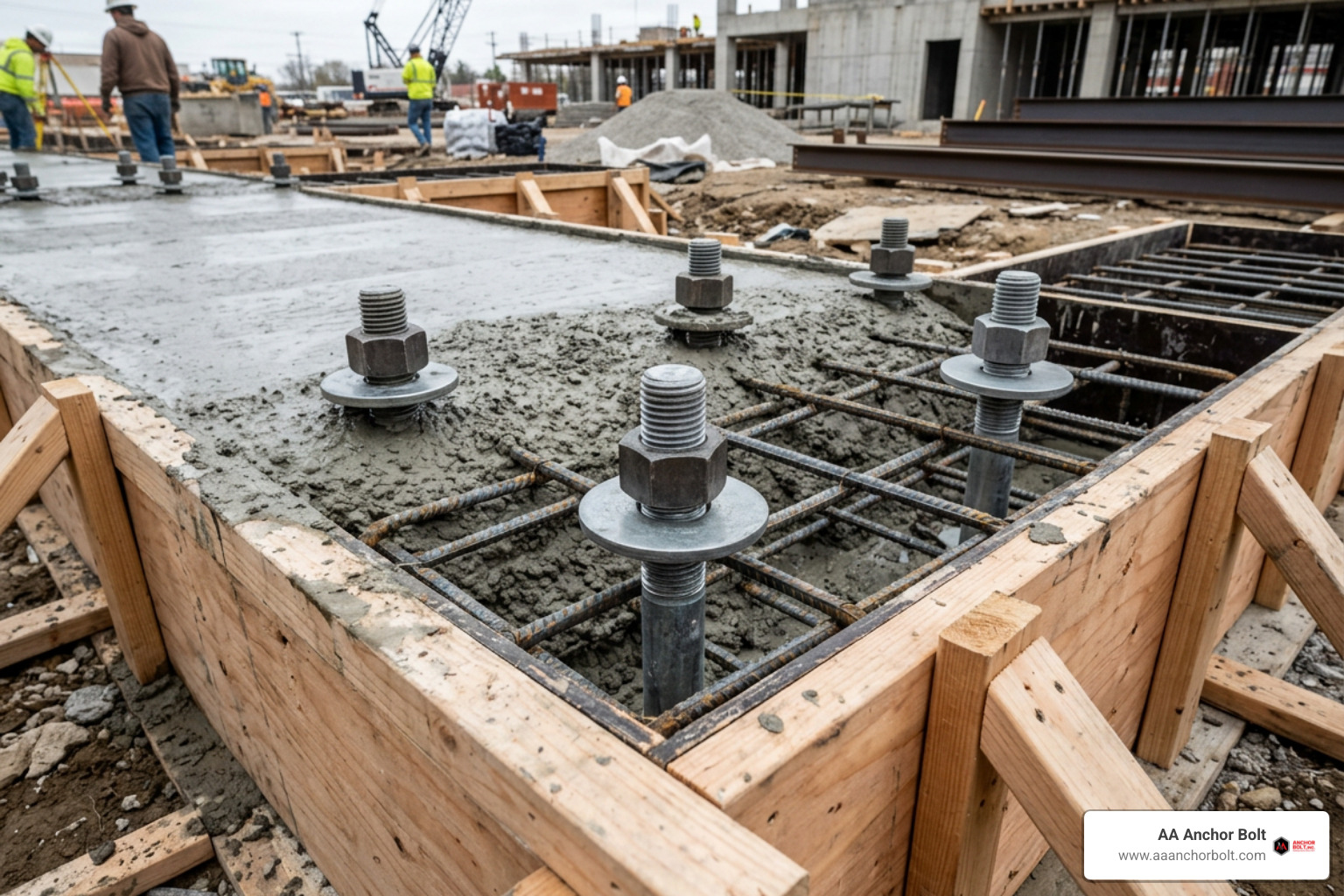 ASTM F1554 headed anchor bolts with heavy hex nuts embedded in steel reinforcement ASTM F1554 headed anchor bolts with heavy hex nuts embedded in steel reinforcement