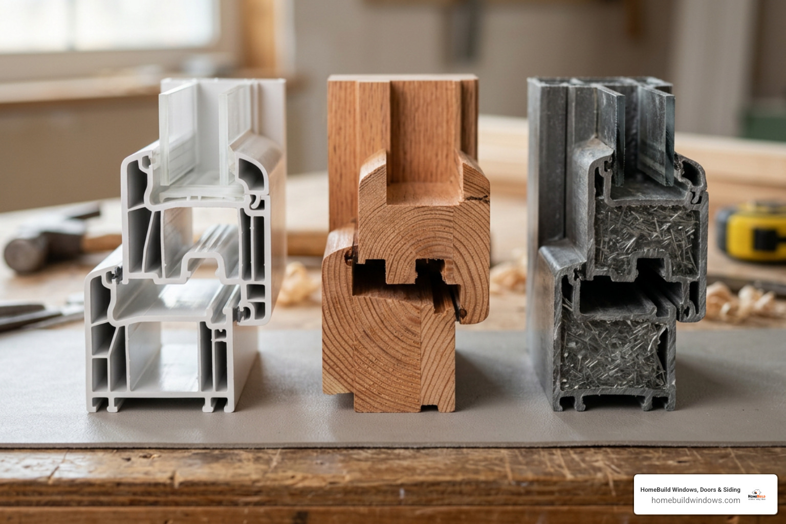 window frame material cross-sections comparing vinyl wood and fiberglass
