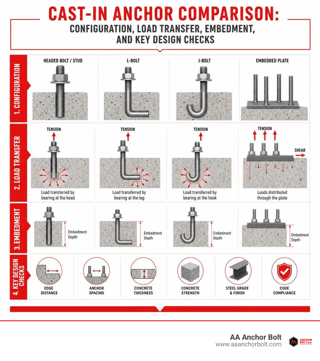 Cast-in anchor comparison: configuration, load transfer, embedment, and key design checks infographic Cast-in anchor comparison: configuration, load transfer, embedment, and key design checks infographic