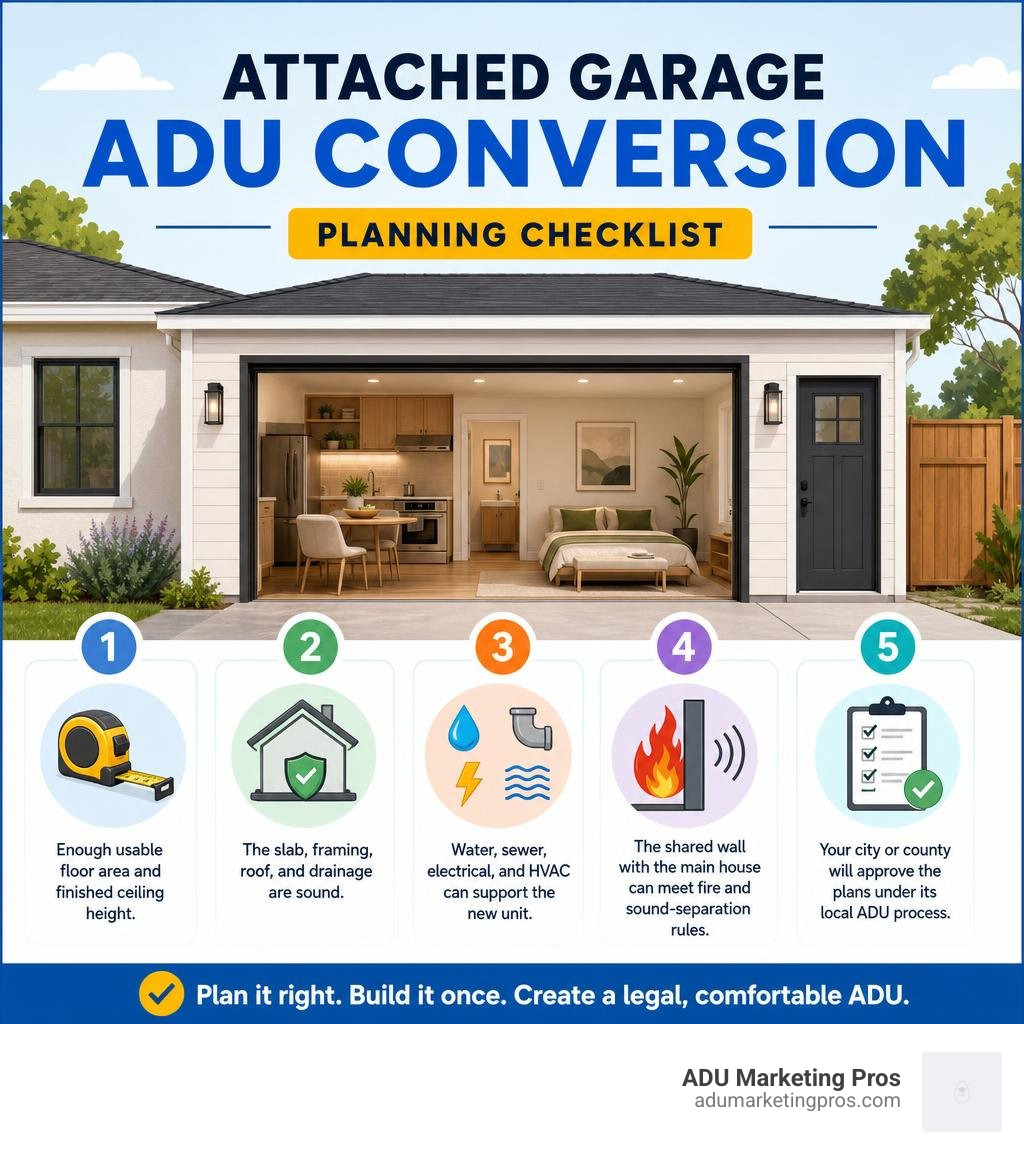 Attached garage ADU conversion planning checklist infographic