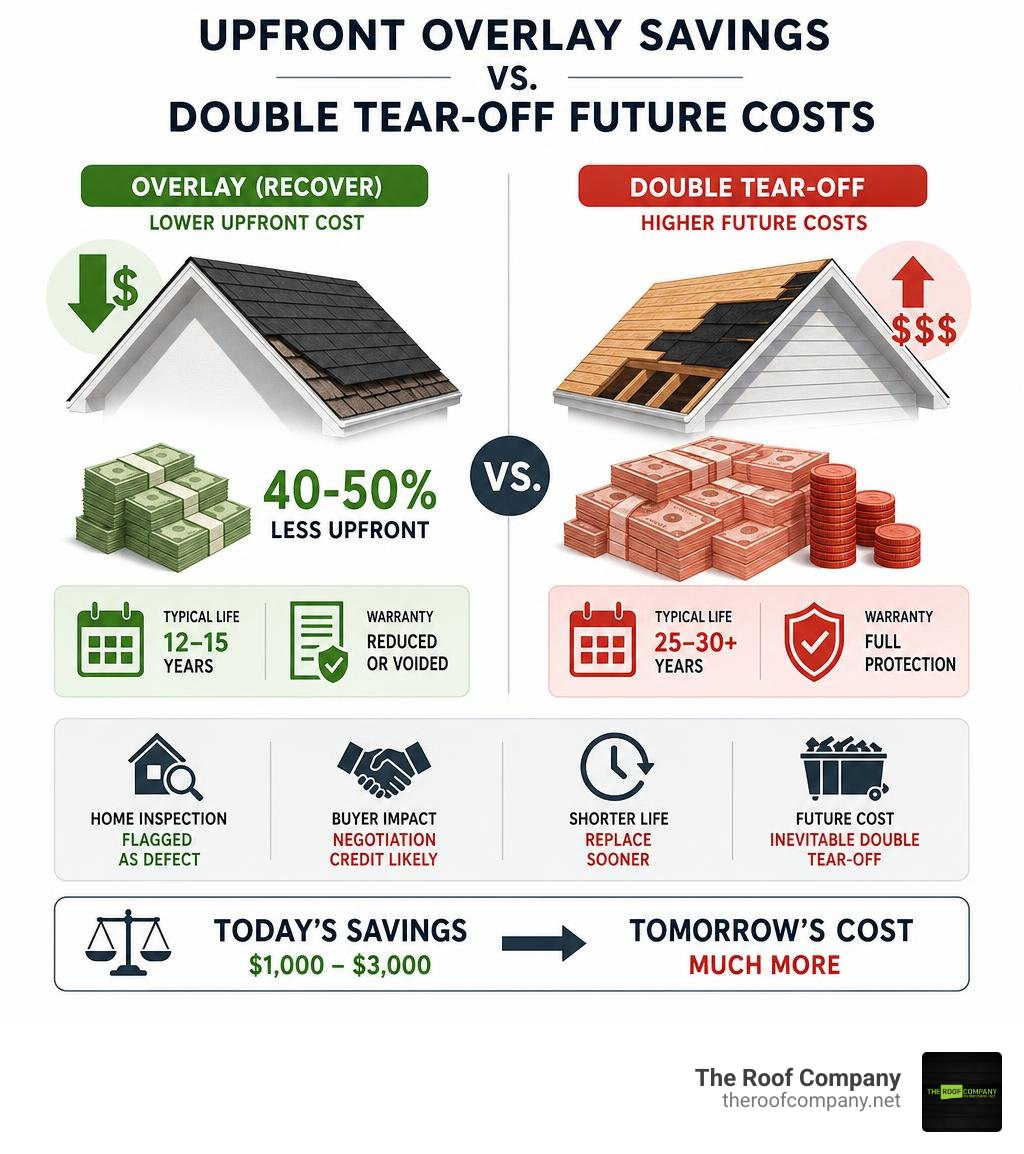 Infographic of upfront overlay savings vs double tear-off future costs infographic