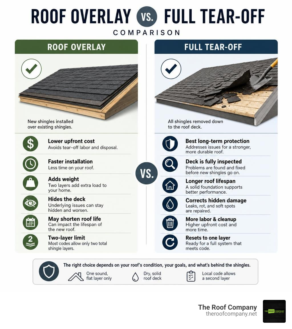 Roof overlay versus full tear-off comparison infographic