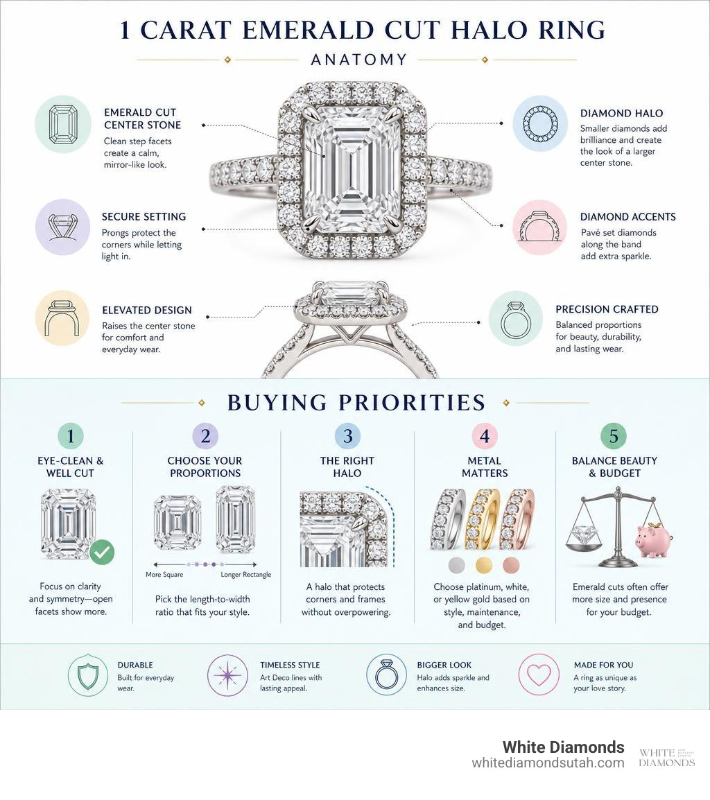 1 carat emerald cut halo ring anatomy and buying priorities infographic