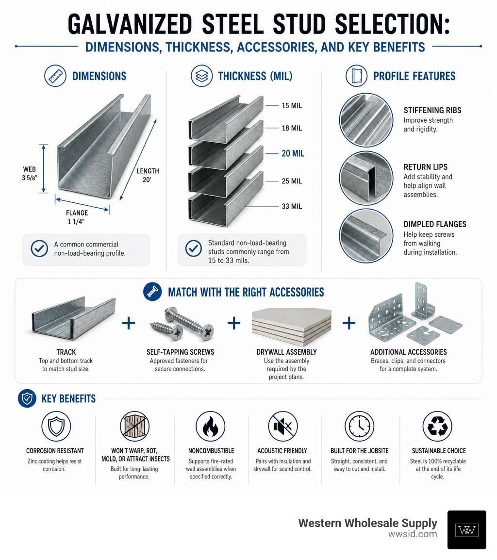 Galvanized steel stud selection: dimensions, thickness, accessories, and key benefits infographic Galvanized steel stud selection: dimensions, thickness, accessories, and key benefits infographic