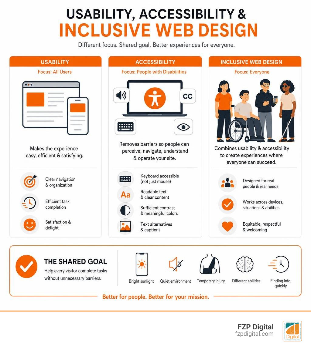 Infographic comparing usability, accessibility, and inclusive web design infographic Infographic comparing usability, accessibility, and inclusive web design infographic