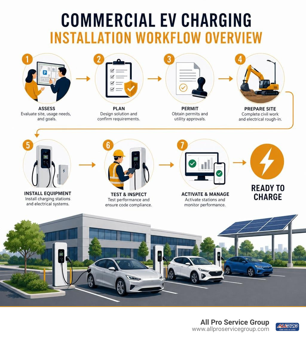 Commercial EV charging installation workflow overview infographic Commercial EV charging installation workflow overview infographic