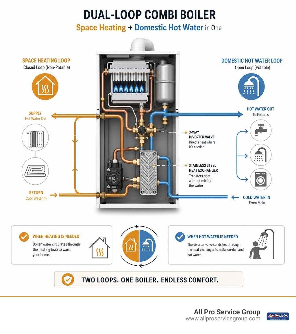 Dual-loop hydronic space heating and domestic hot water flow diagram inside a combi boiler infographic