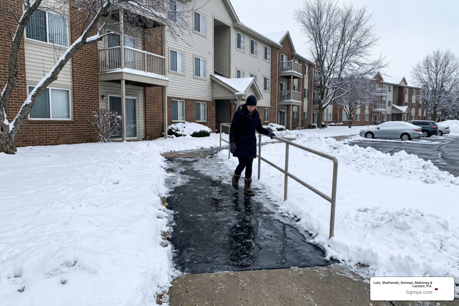 Black ice hazard forming from melting snow runoff across an apartment walkway