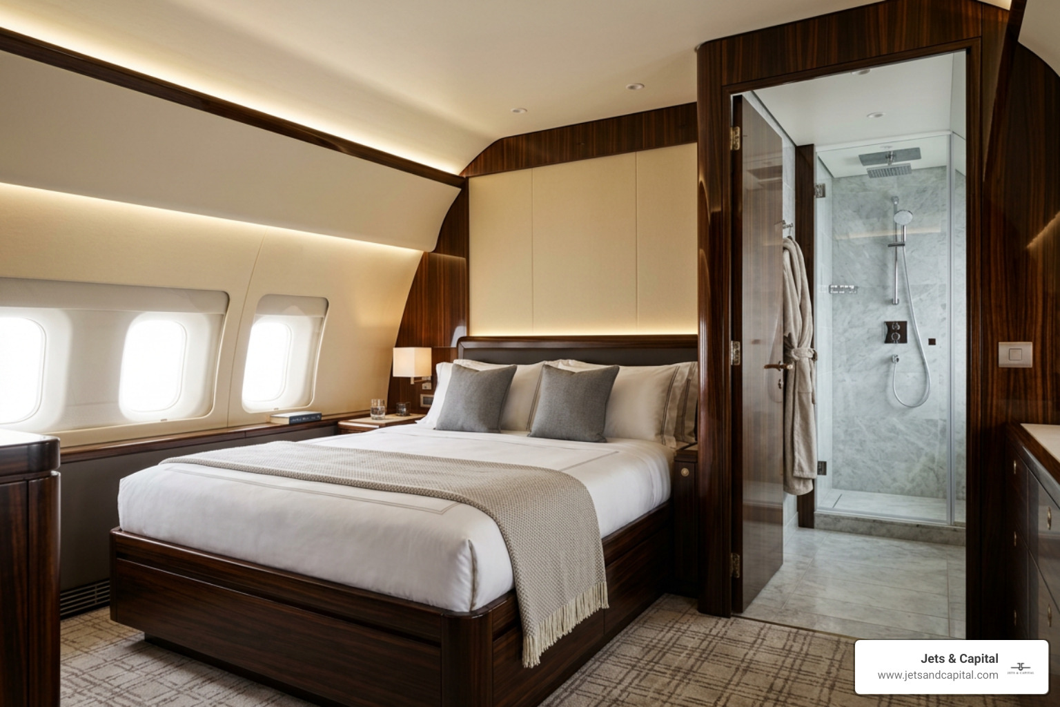 ultra-long-range business jet interior suite with bedroom