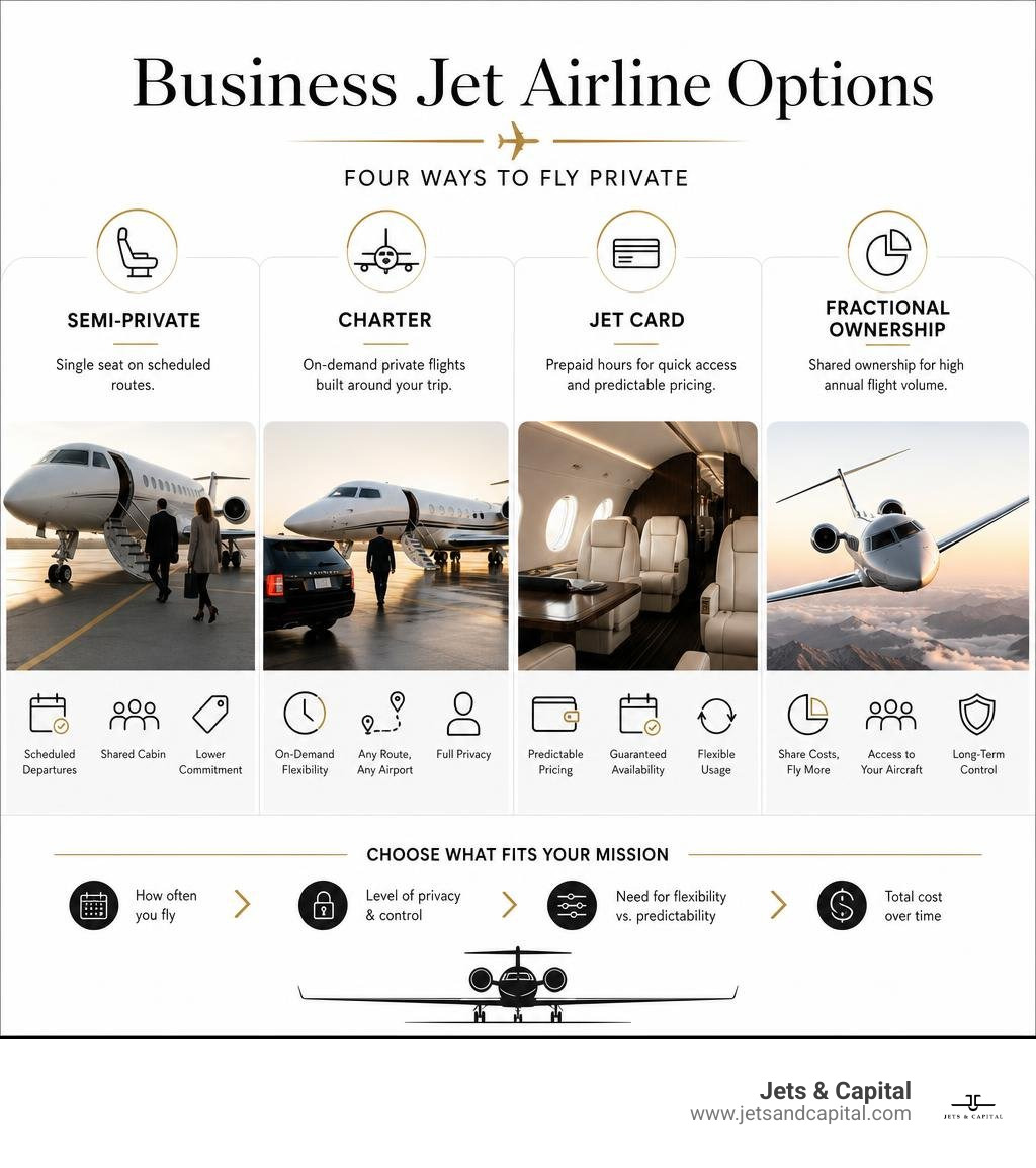 Business jet airline options: semi-private, charter, jet card, fractional ownership infographic