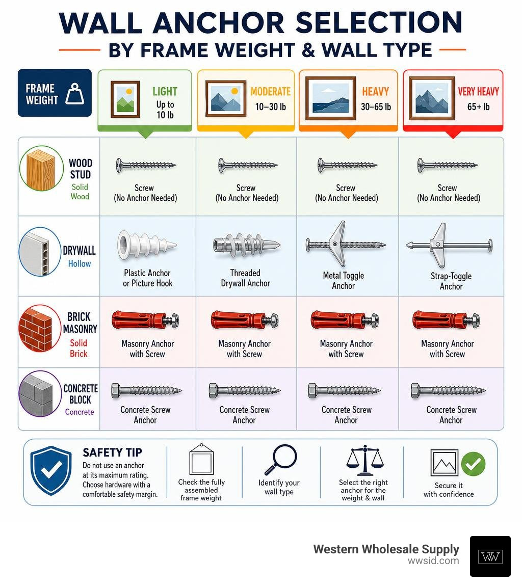 Wall anchor selection by frame weight and wall type infographic Wall anchor selection by frame weight and wall type infographic