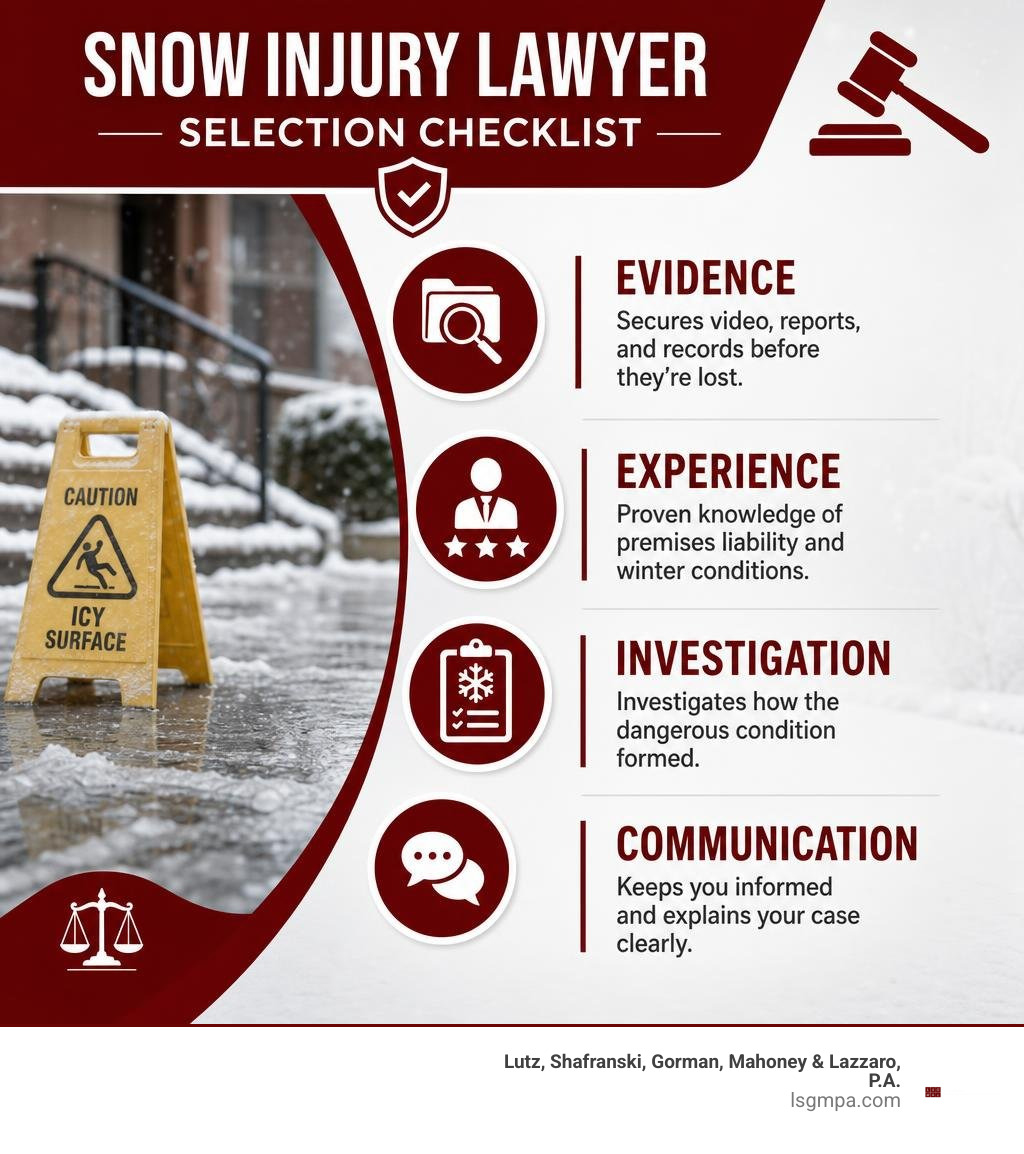 Snow injury lawyer selection checklist: evidence, experience, investigation, communication infographic
