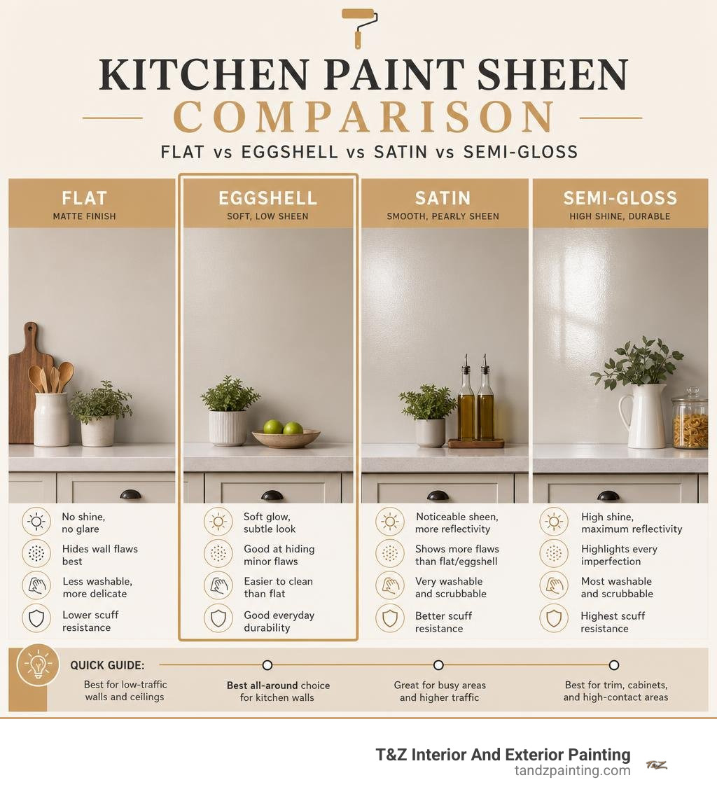 Kitchen paint sheen comparison: flat, eggshell, satin, and semi-gloss infographic Kitchen paint sheen comparison: flat, eggshell, satin, and semi-gloss infographic