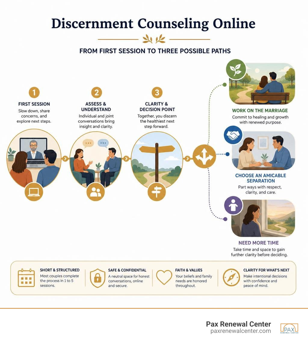 Online discernment counseling timeline from first session to three possible paths infographic Online discernment counseling timeline from first session to three possible paths infographic