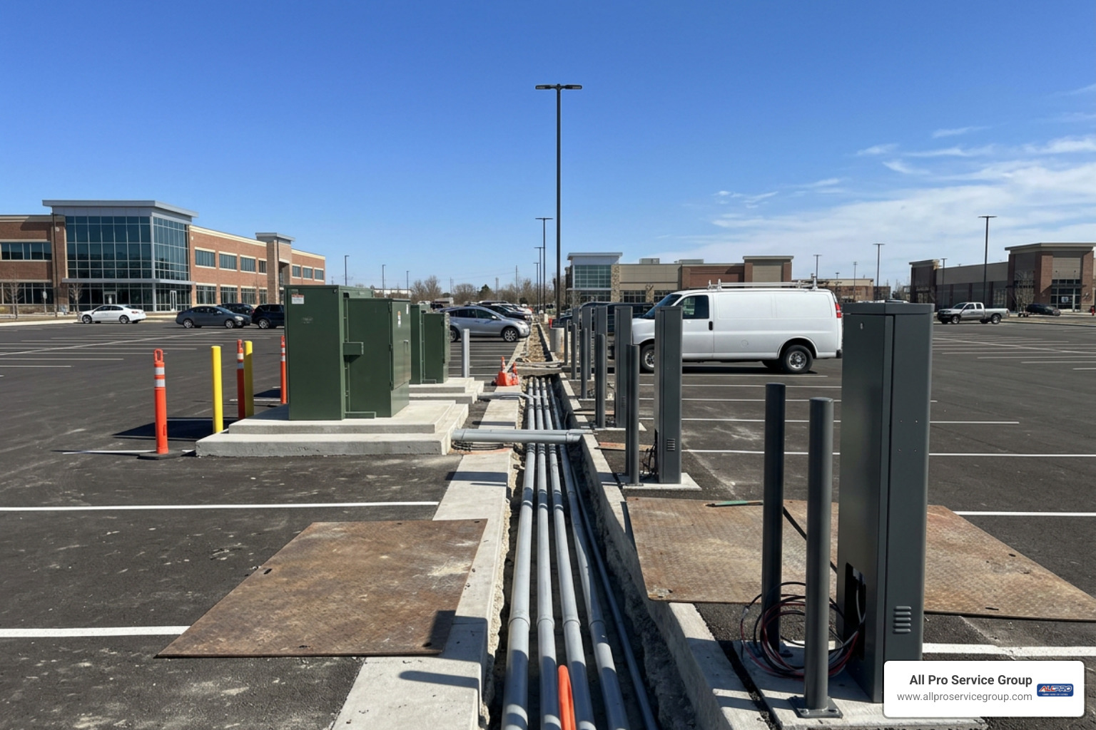 Commercial electrical switchgear, trenching paths, and mounting pedestals for commercial chargers Commercial electrical switchgear, trenching paths, and mounting pedestals for commercial chargers