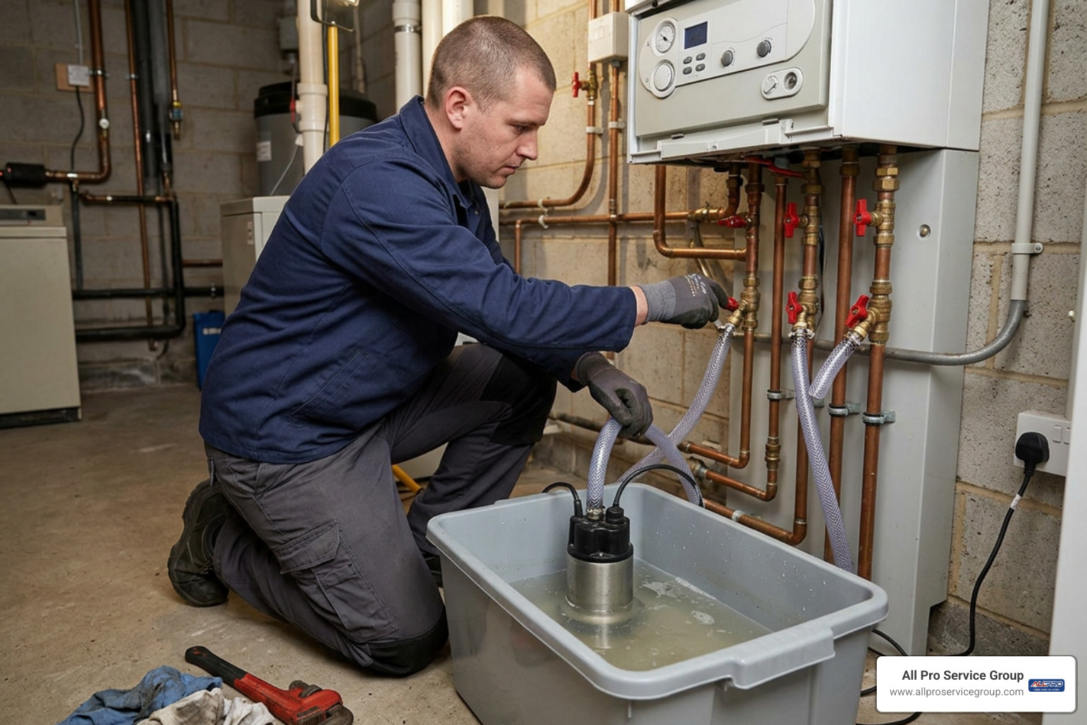 Technician using isolation valves and submersible pump to descale combi boiler heat exchanger
