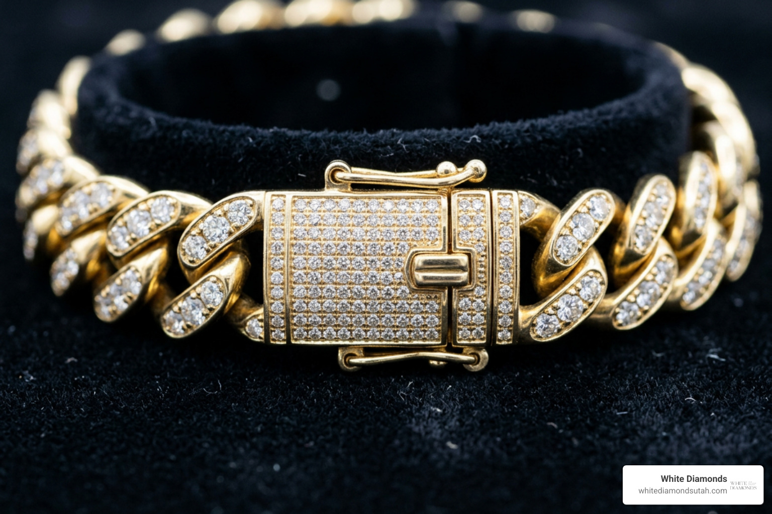 Iced-out double safety box clasp on a Cuban link chain