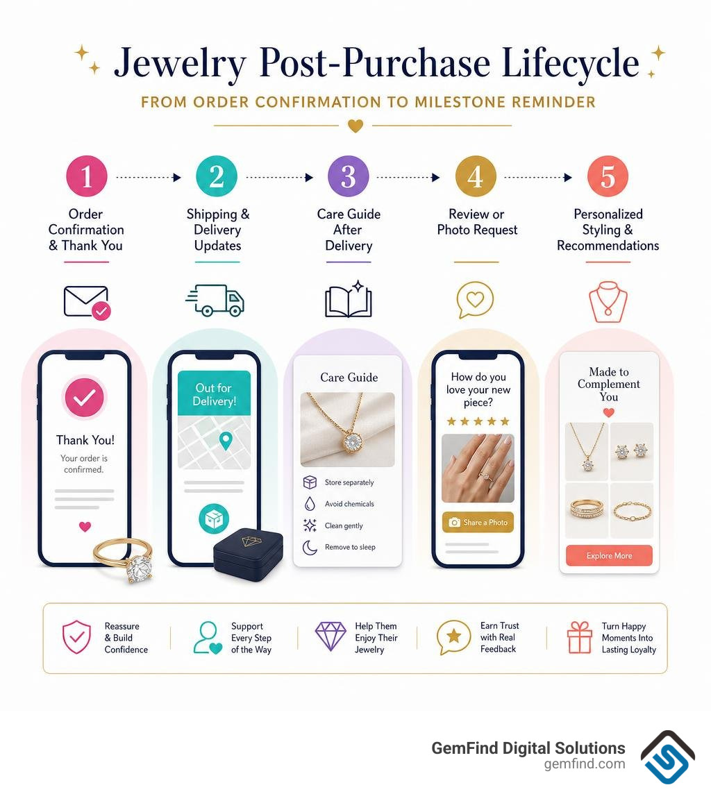 Jewelry post-purchase lifecycle from order confirmation to milestone reminder infographic