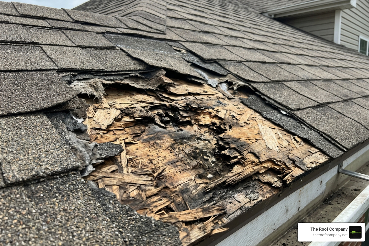 Damaged roof decking concealed beneath shingle layers