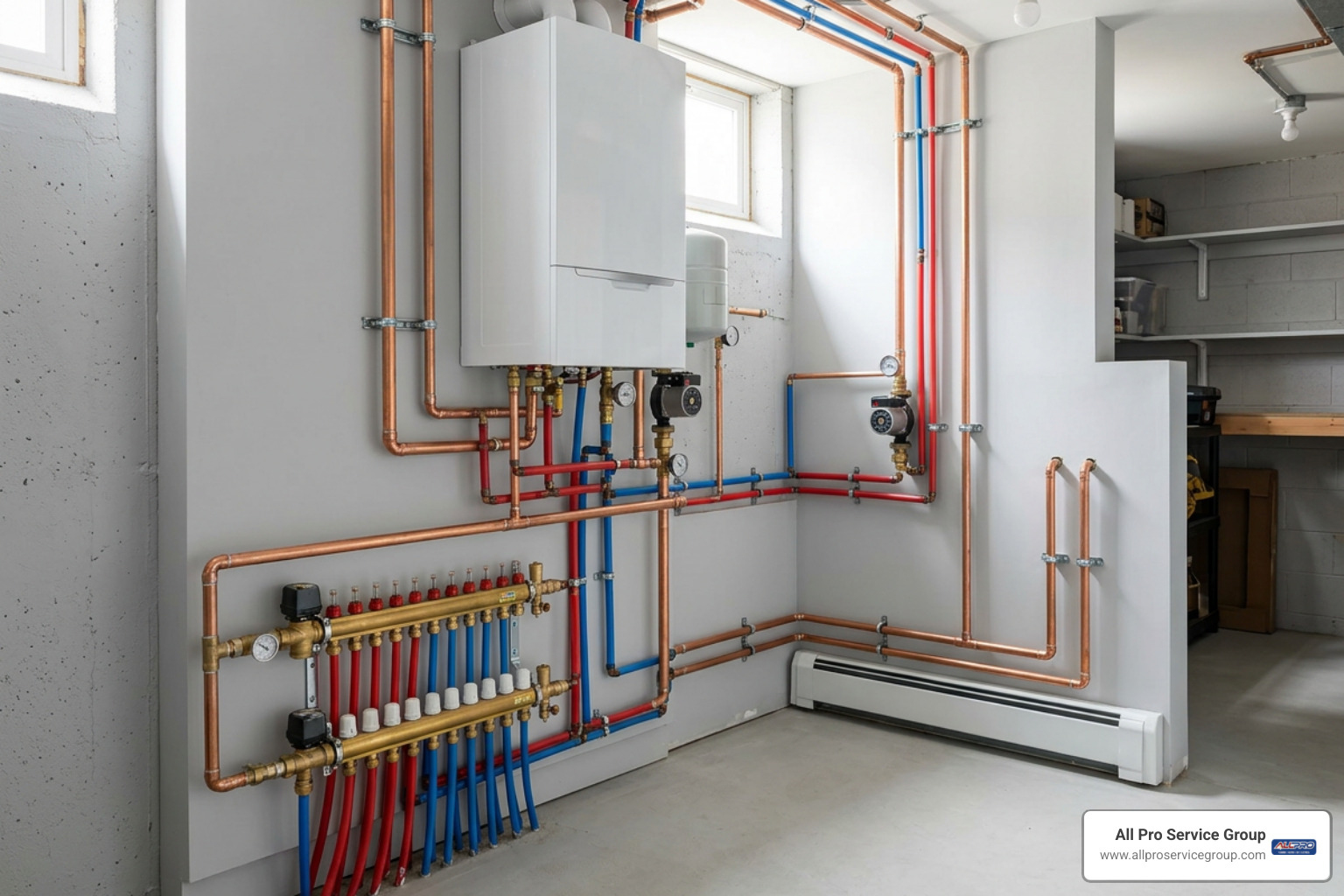 Wall mounted combi boiler piped to radiant floor heating manifolds and baseboard loops