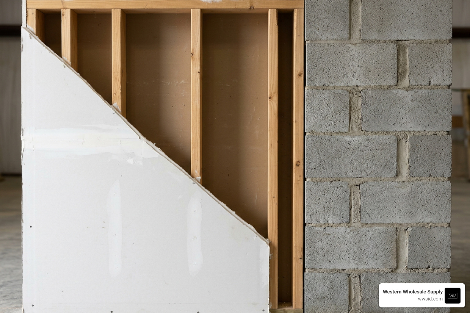 Cross section of hollow drywall versus solid masonry wall Cross section of hollow drywall versus solid masonry wall