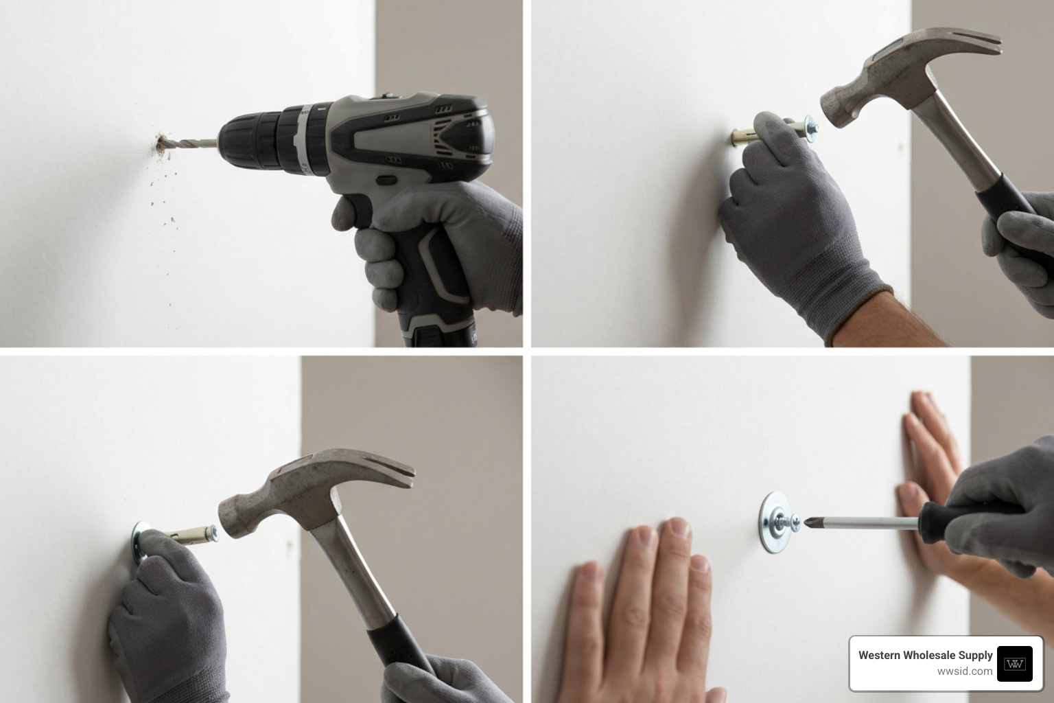 Step-by-step installation of hollow wall anchor in drywall Step-by-step installation of hollow wall anchor in drywall