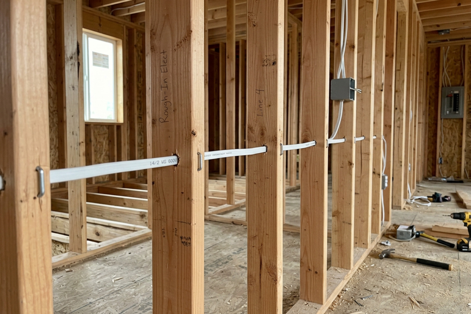Rough in electrical wiring routed through wooden wall studs Rough in electrical wiring routed through wooden wall studs