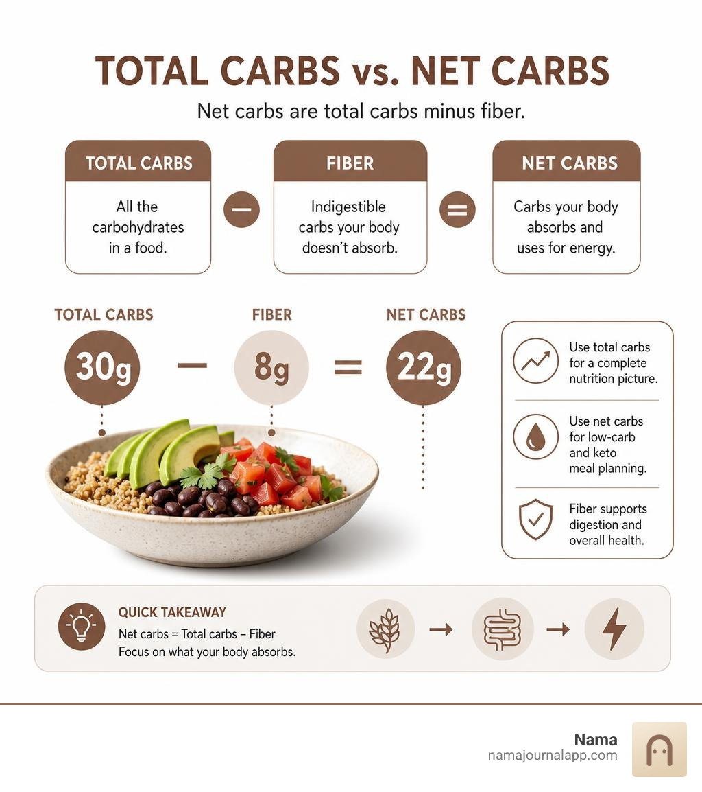 total carbs versus net carbs with fiber subtraction infographic total carbs versus net carbs with fiber subtraction infographic