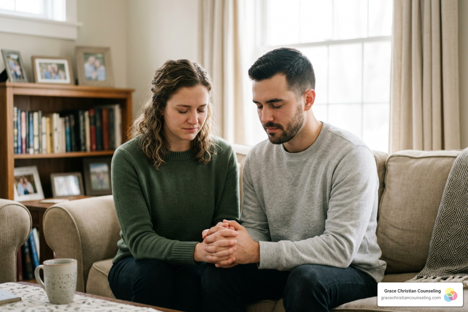 Christian couple holding hands and praying during conflict resolution