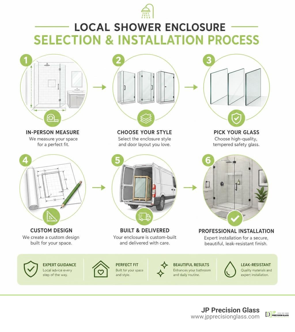 Local shower enclosure selection and installation process infographic Local shower enclosure selection and installation process infographic