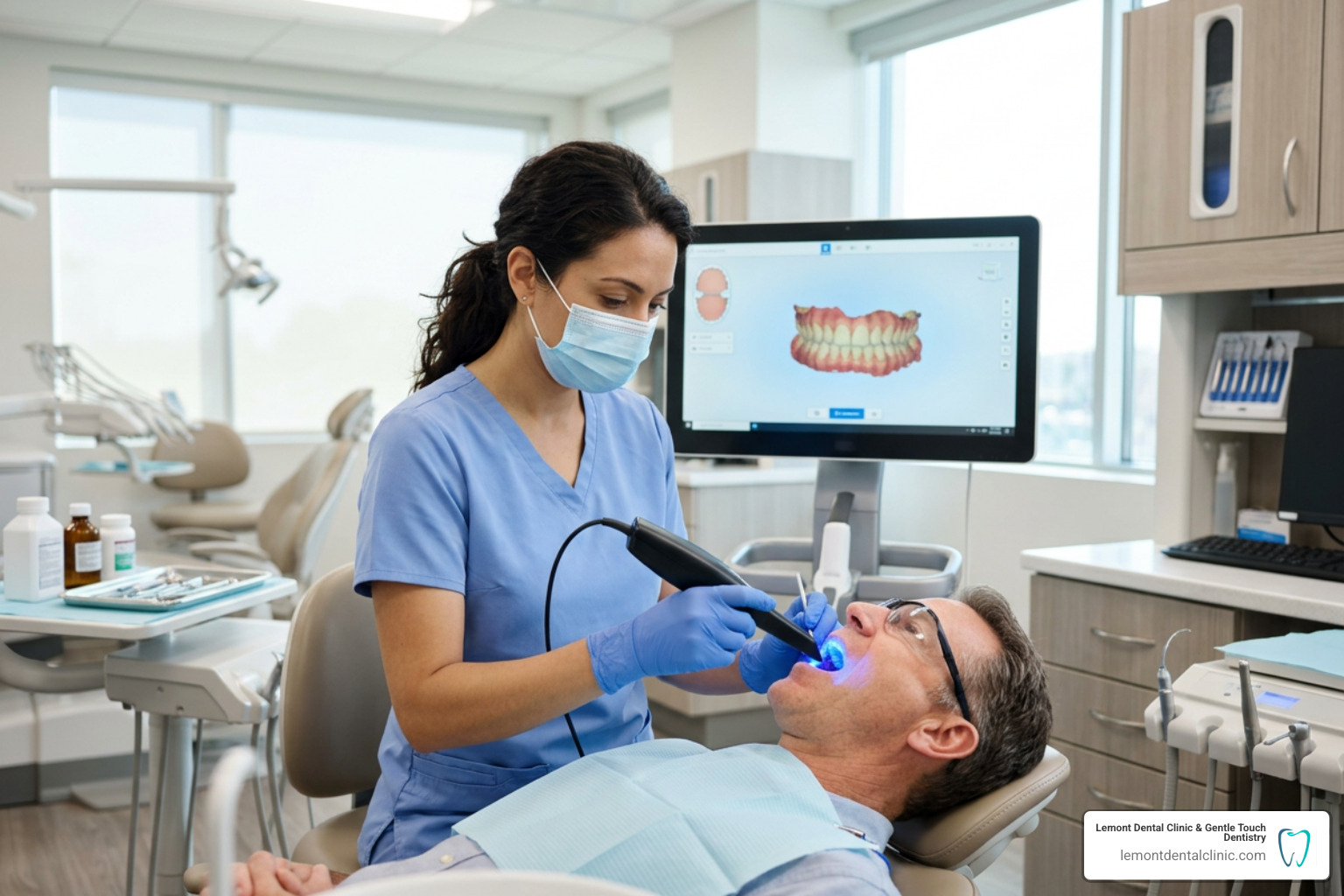 Dentist using advanced digital intraoral scanner for precise impressions