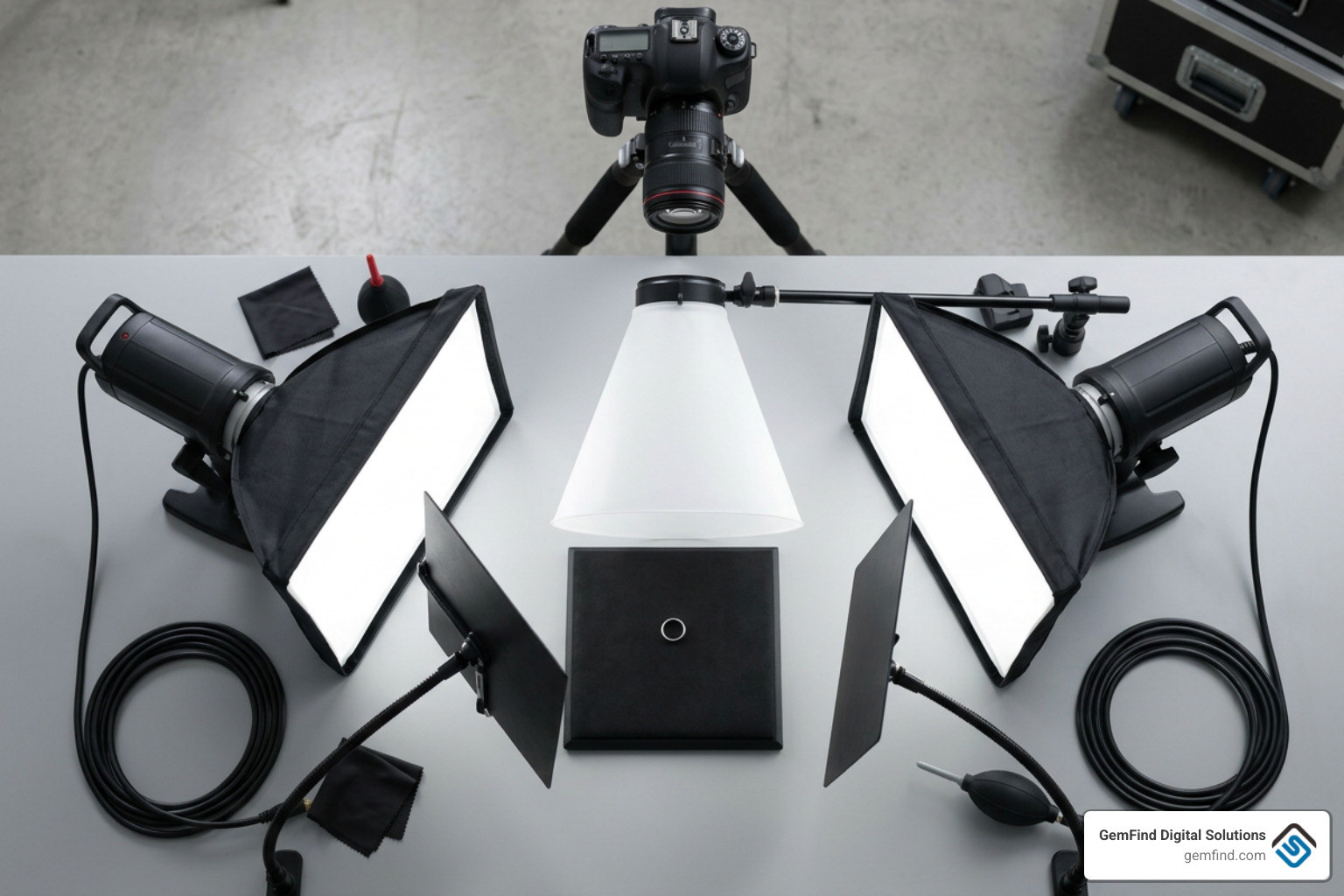 dual-source lighting setup with diffusion cone and black flags