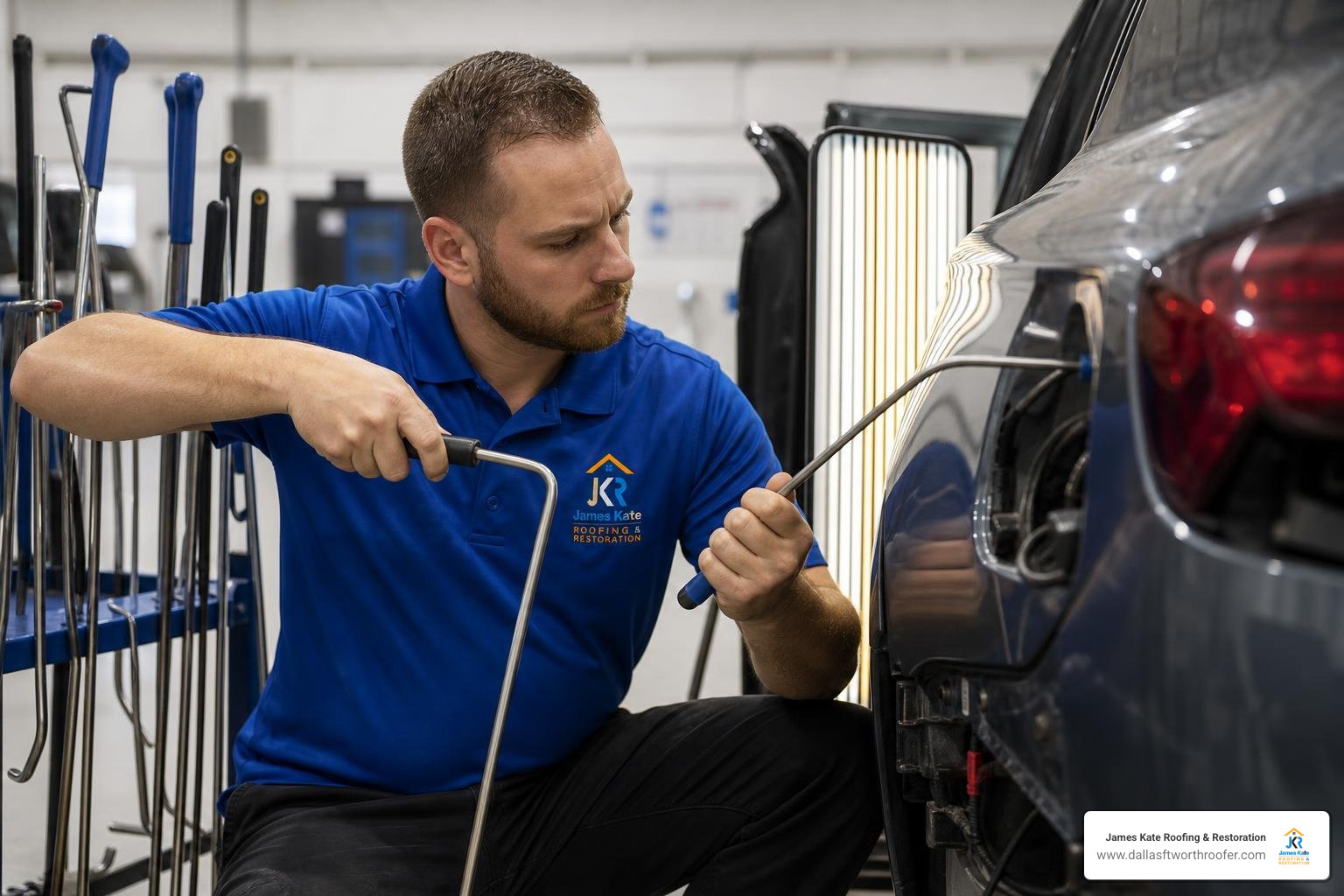 specialized technician using curved rods behind panel specialized technician using curved rods behind panel