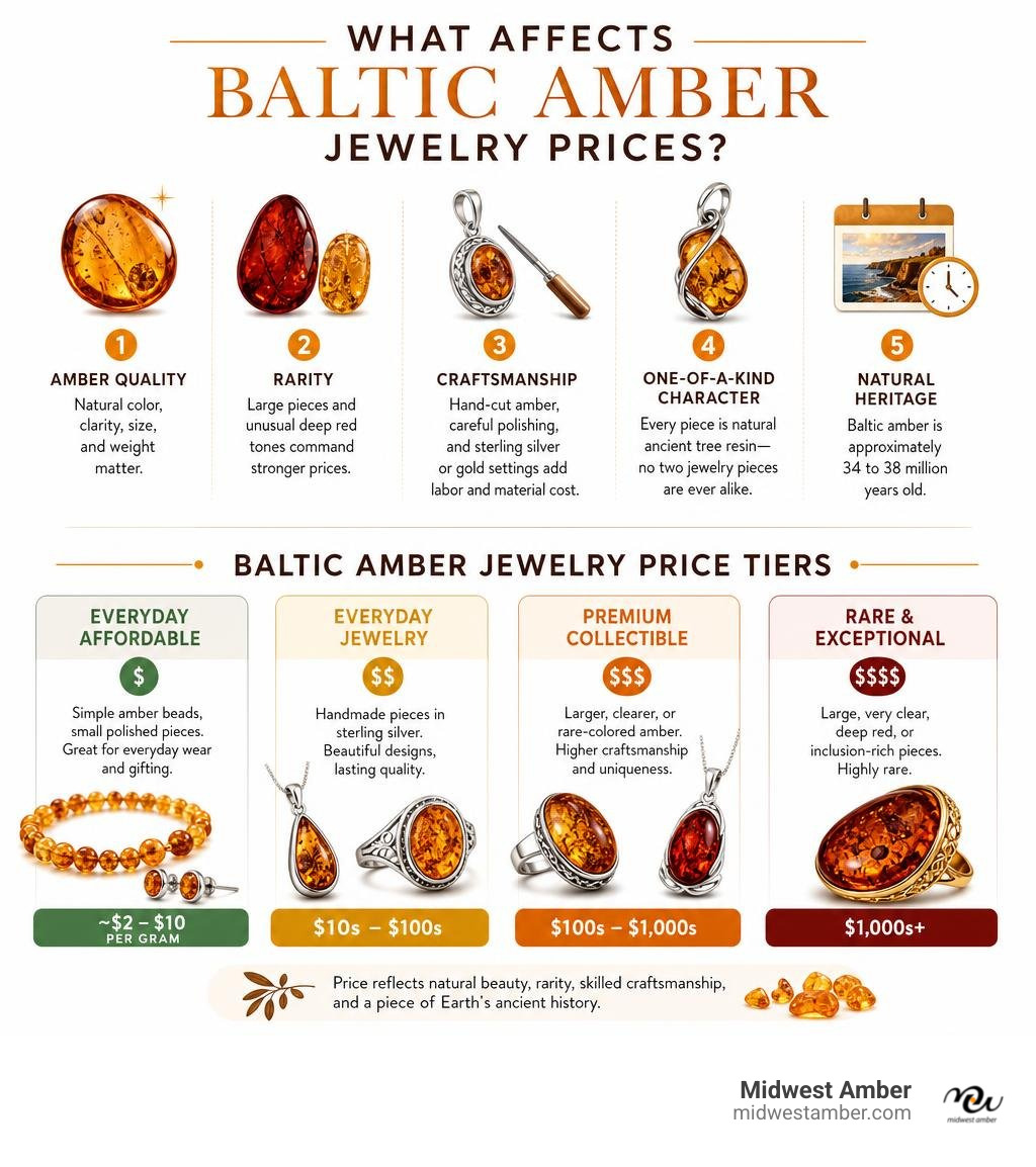 Infographic comparing Baltic amber jewelry price factors and price tiers infographic