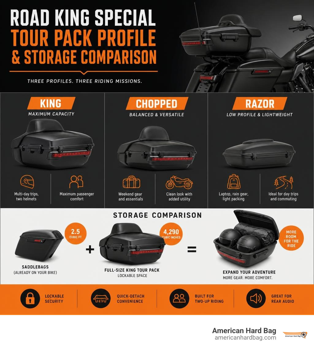 Road King Special tour pack profile and storage comparison infographic