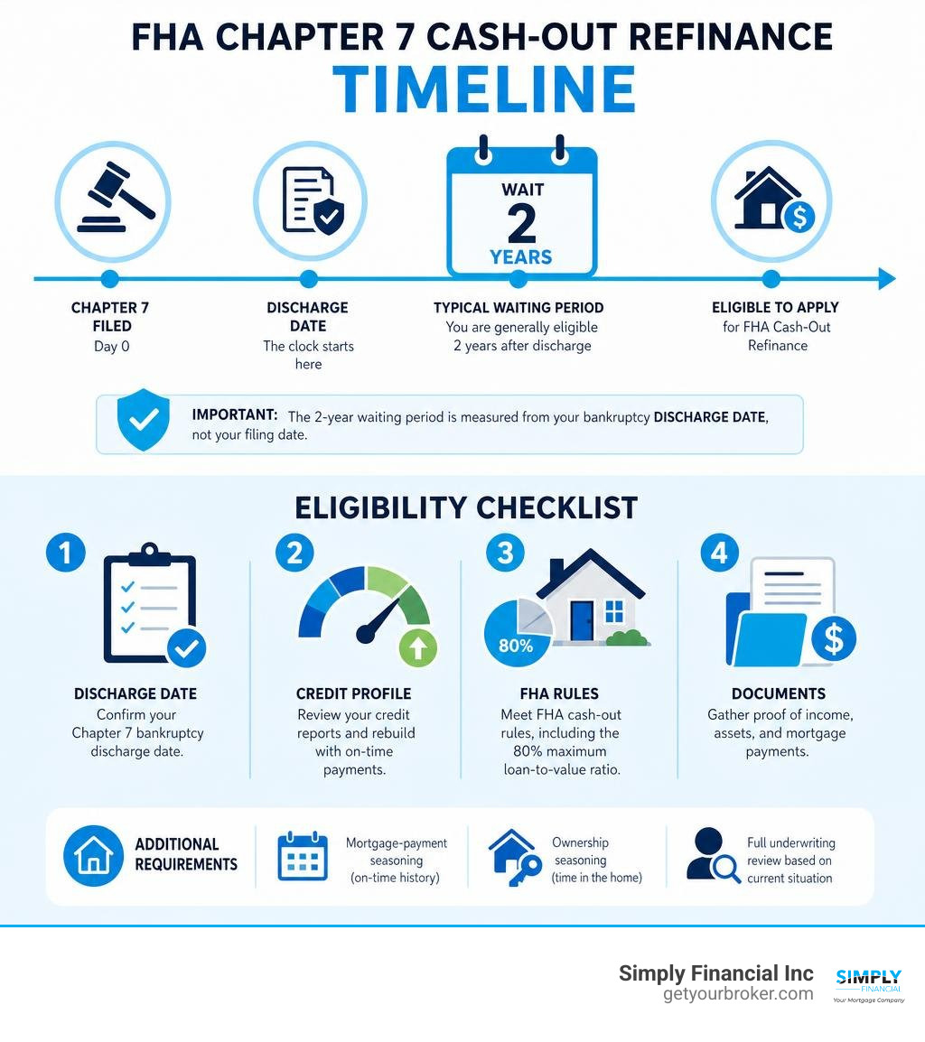 FHA Chapter 7 cash-out refinance timeline and eligibility checklist infographic FHA Chapter 7 cash-out refinance timeline and eligibility checklist infographic
