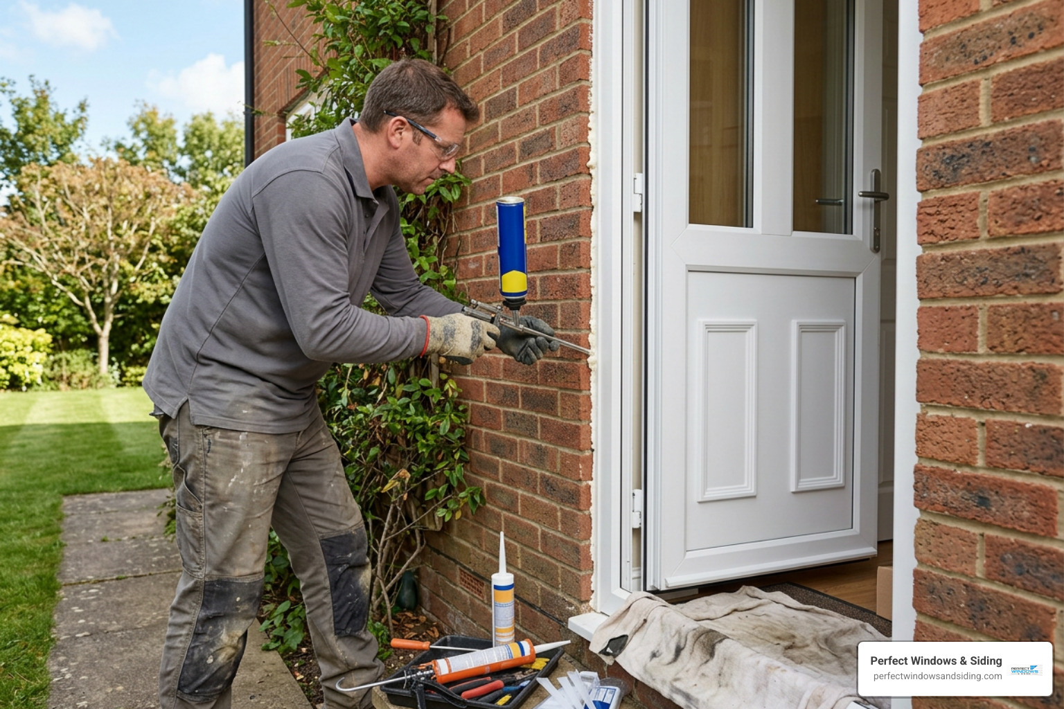 Applying low-expansion foam and silicone around door frame Applying low-expansion foam and silicone around door frame