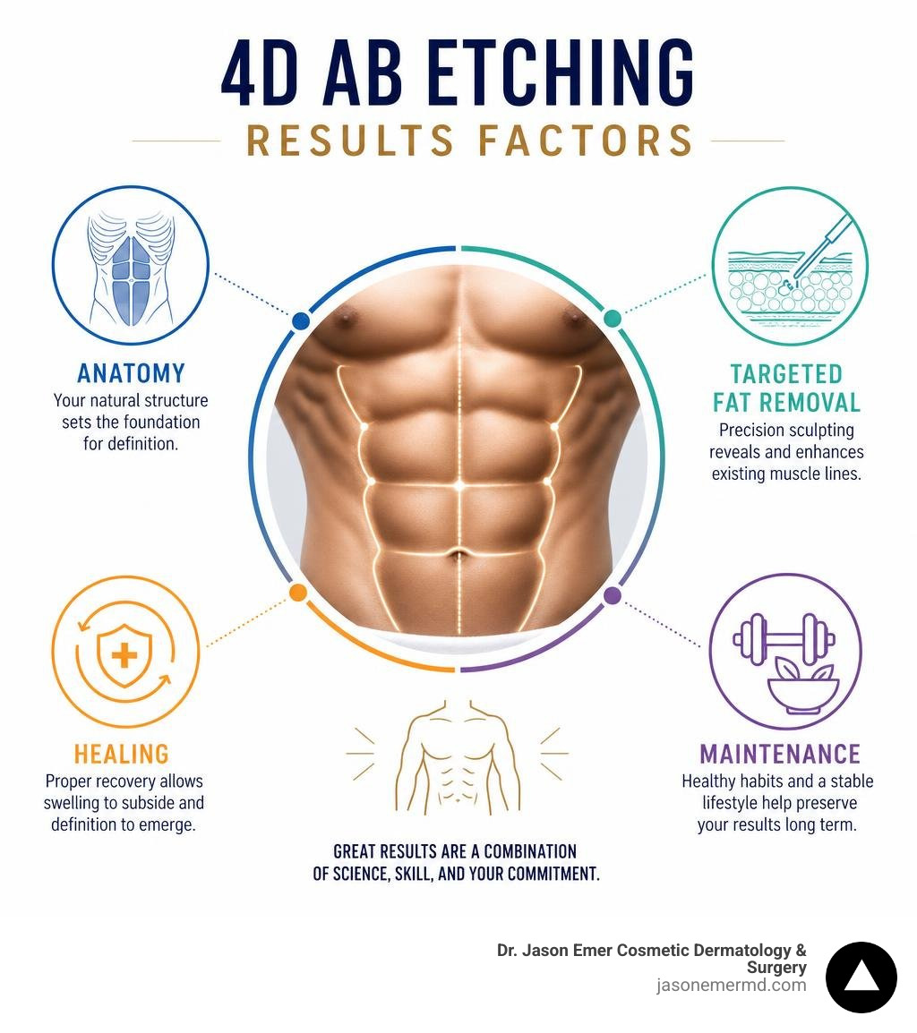 4D ab etching results factors: anatomy, targeted fat removal, healing, and maintenance infographic