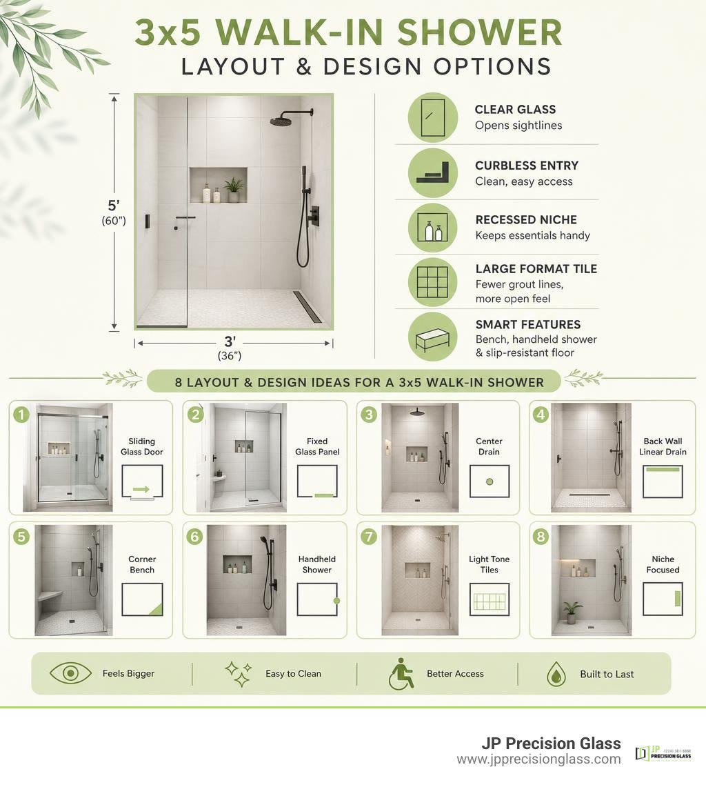 3x5 walk in shower layout and design options infographic 3x5 walk in shower layout and design options infographic