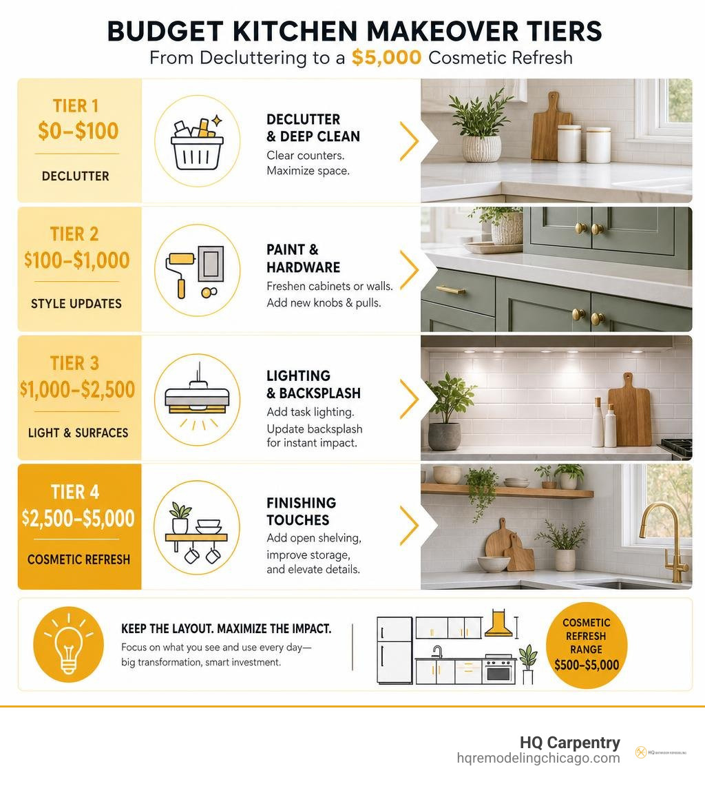 Budget kitchen makeover tiers from decluttering to a cosmetic refresh infographic