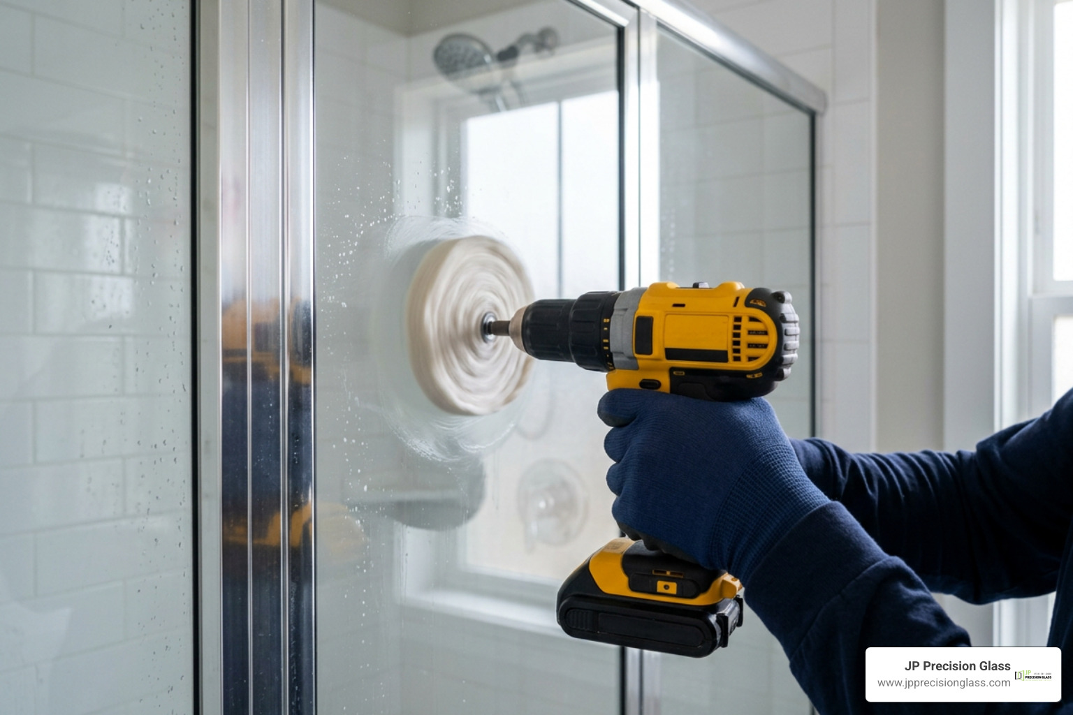 drill-mounted felt pad polishing a glass door panel