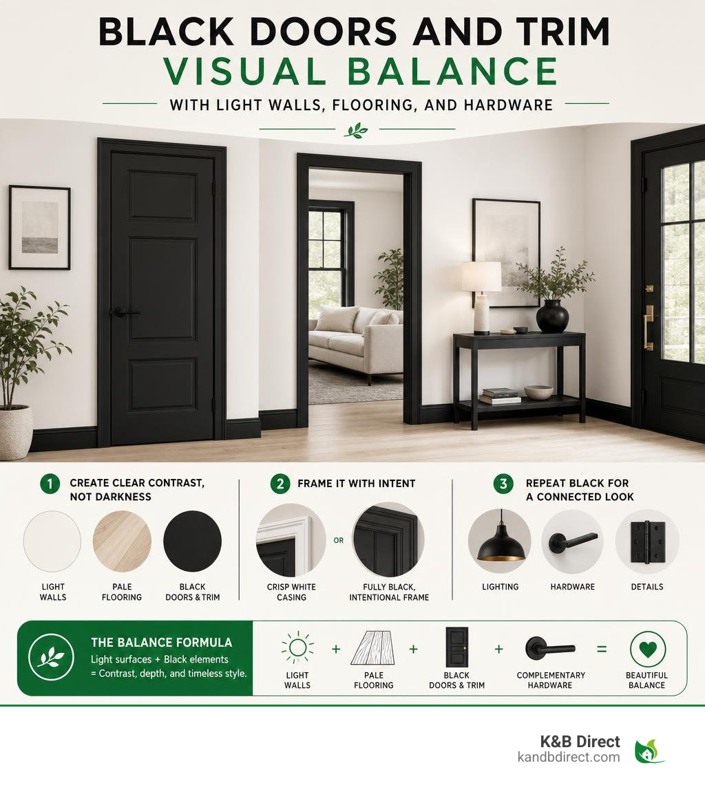 Black doors and trim visual balance with light walls, flooring, and hardware infographic