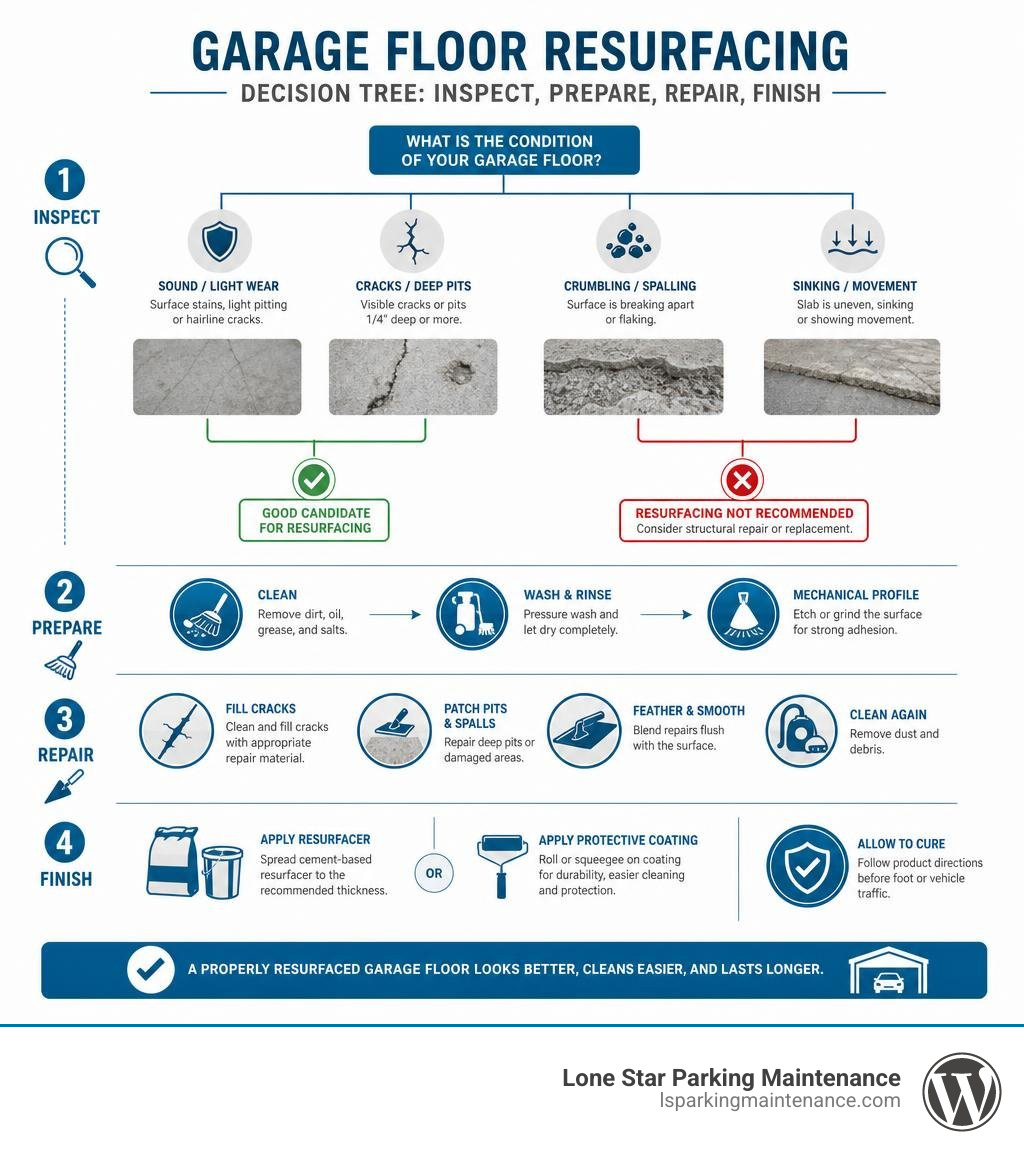 Garage floor resurfacing decision tree for damage inspection, preparation, repair, and finishing infographic Garage floor resurfacing decision tree for damage inspection, preparation, repair, and finishing infographic