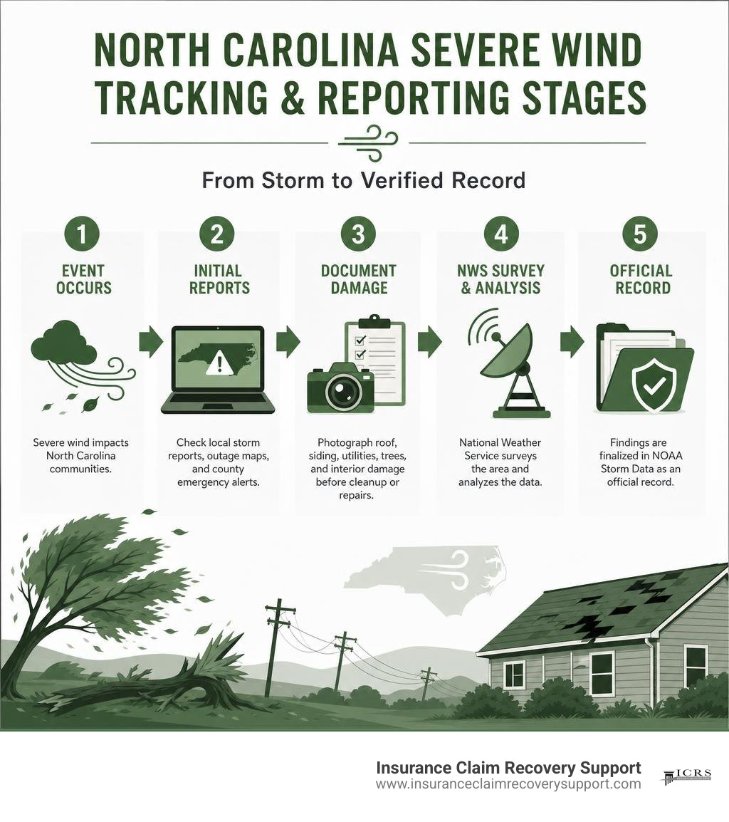 North Carolina severe wind tracking and reporting stages infographic