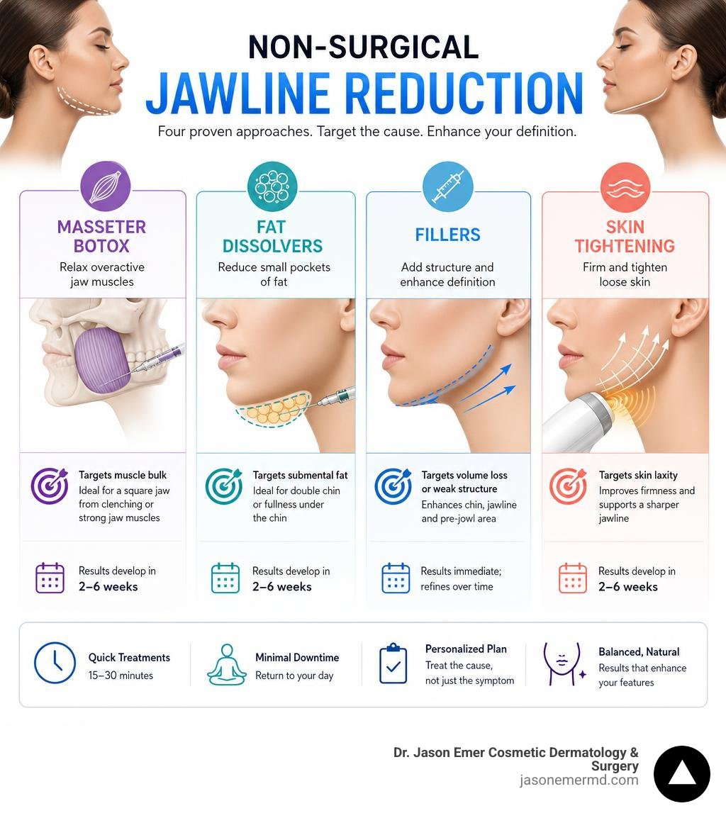 Infographic comparing masseter Botox, fat dissolvers, fillers, and skin tightening infographic