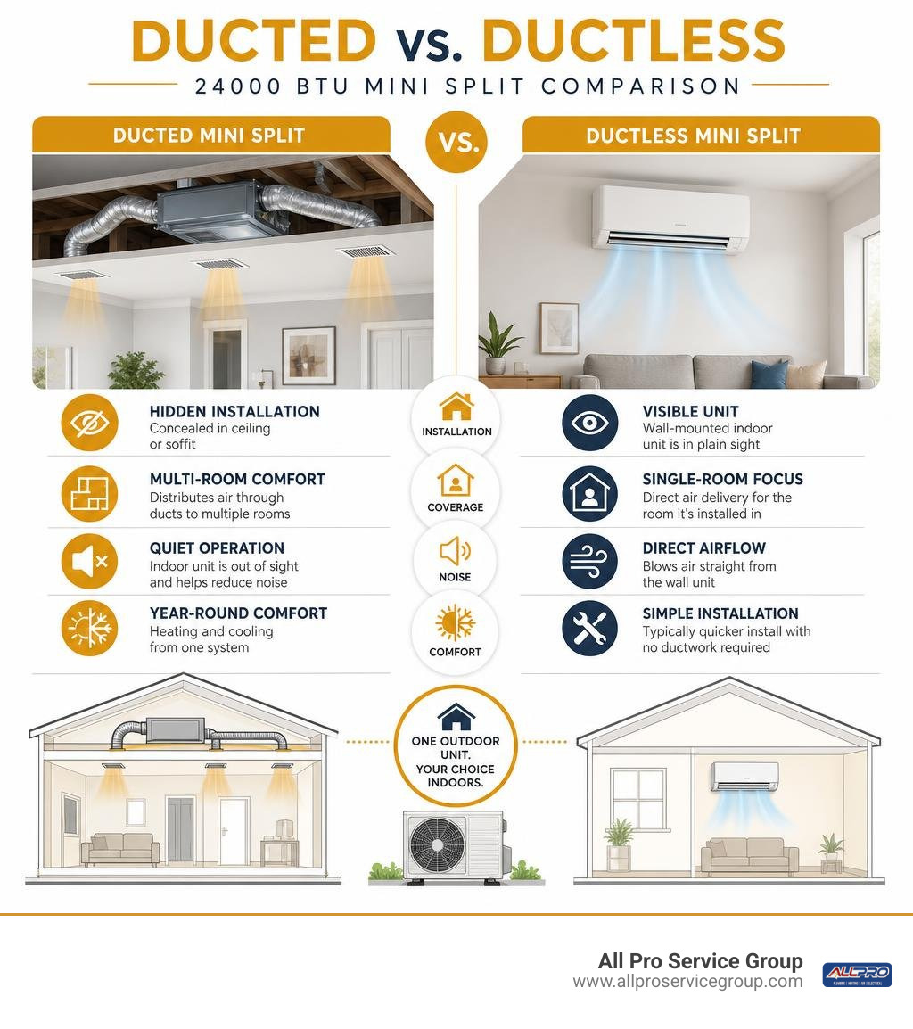 Ducted versus ductless 24000 BTU mini split comparison infographic