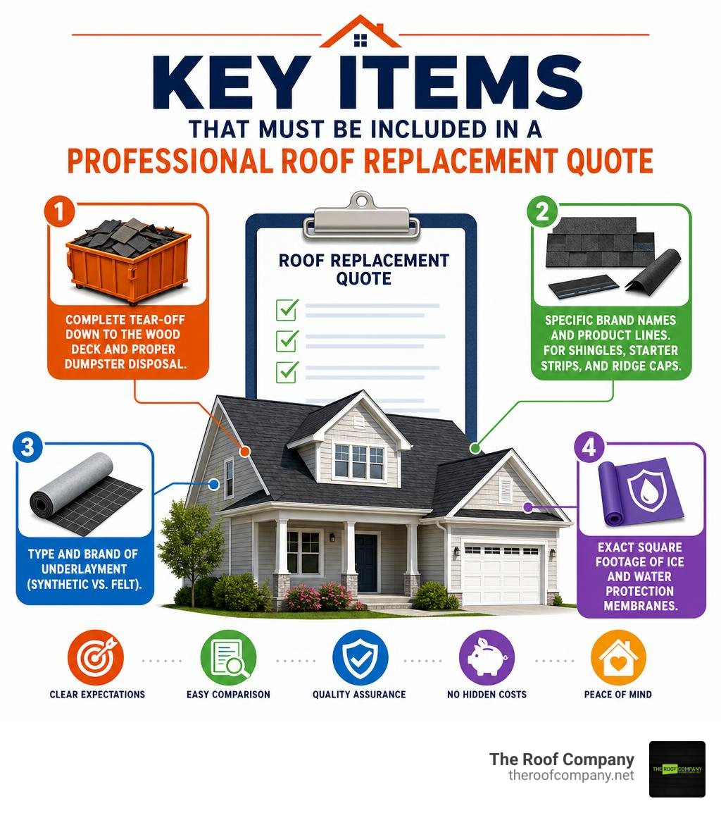 Key items that must be included in a professional roof replacement quote infographic