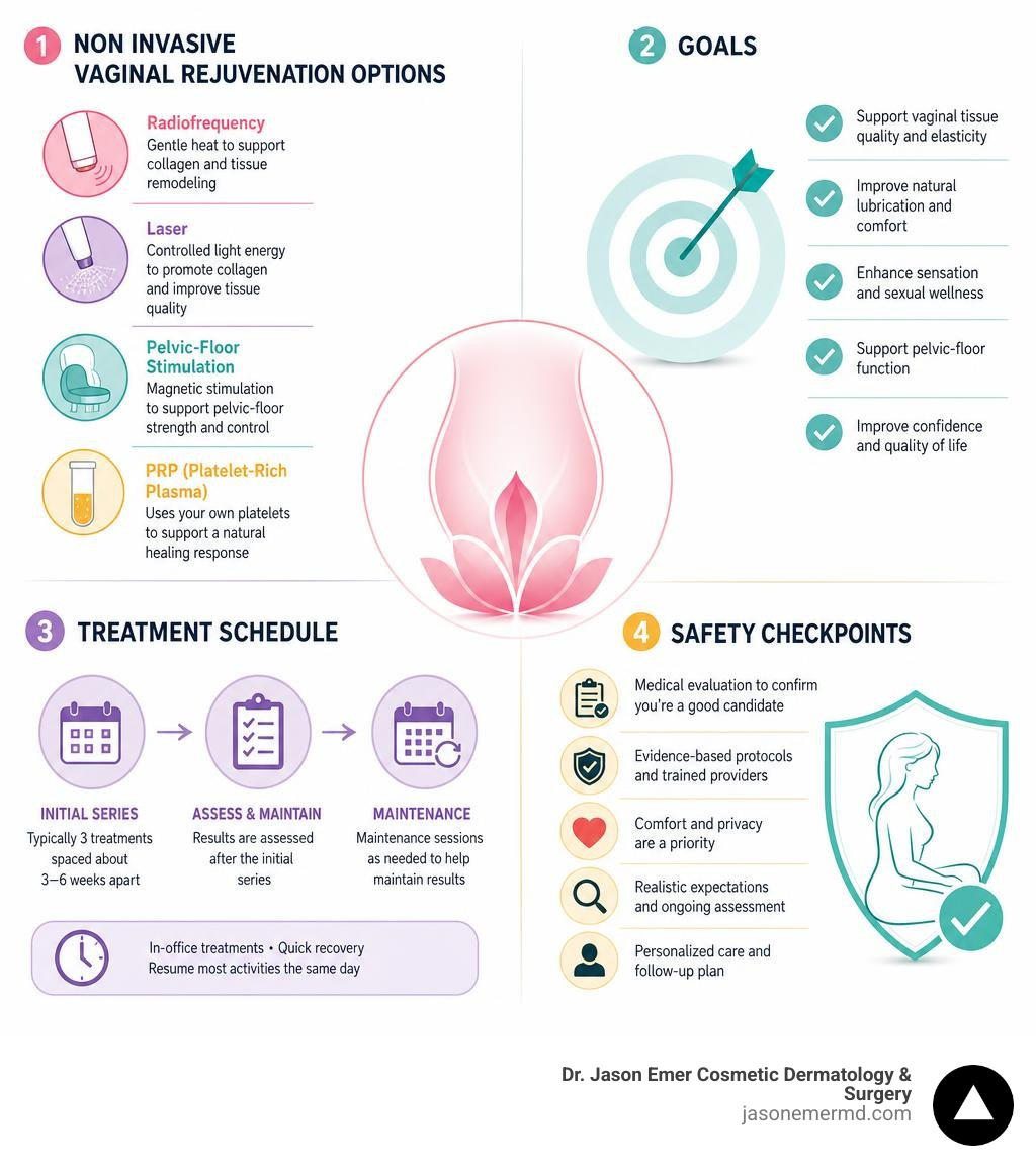 Non invasive vaginal rejuvenation options, goals, treatment schedule, and safety checkpoints infographic